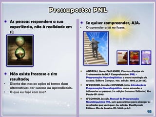 As pessoas respondem a sua
experiência, não à realidade em
si;
Se quiser compreender, AJA.
• O aprender está no fazer.
Não existe fracasso e sim
resultado;
• Diante das nossas ações só temos duas
alternativas: ter sucesso ou aprendizado.
• O que eu faço com isso?
ANDREAS, Steve. FAULKNER, Charles e Equipe de
Treinamento da NLP Comprehensive. PNL -
Programação Neurolingüística: a nova tecnologia do
sucesso. Editora Campus. 10a. edição. 1995. p.24-26).
O’CONNOR, Joseph e SEYMOUR, John. Introdução à
Programação Neurolinguística: como entender e
influenciar as pessoas. 7a. edição. Summus Editorial, São
Paulo-SP: 1990.
O’CONNOR, Joseph. Manual de Programação
Neurolinguística PNL: um guia prático para alcançar os
resultados que você quer. 1a. edição. Qualitymak
Editora. Rio de Janeiro-RJ: 2003. p.5-7.
 