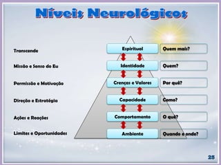 Ambiente
Comportamento
Capacidade
Crenças e Valores
Identidade
Espiritual Quem mais?
Quem?
Por quê?
Como?
O quê?
Quando e onde?Limites e Oportunidades
Ações e Reações
Direção e Estratégia
Permissão e Motivação
Missão e Senso do Eu
Transcende
 