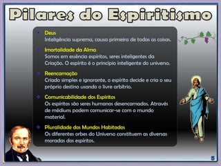 Deus
Inteligência suprema, causa primeira de todas as coisas.
Imortalidade da Alma
Somos em essência espíritos, seres inteligentes da
Criação. O espírito é o princípio inteligente do universo.
Reencarnação
Criado simples e ignorante, o espírito decide e cria o seu
próprio destino usando o livre arbítrio.
Comunicabilidade dos Espíritos
Os espíritos são seres humanos desencarnados. Através
de médiuns podem comunicar-se com o mundo
material.
Pluralidade dos Mundos Habitados
Os diferentes orbes do Universo constituem as diversas
moradas dos espíritos.
 