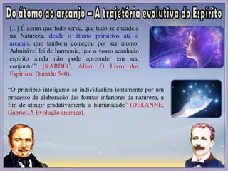 [...] É assim que tudo serve, que tudo se encadeia
na Natureza, desde o átomo primitivo até o
arcanjo, que também começou por ser átomo.
Admirável lei de harmonia, que o vosso acanhado
espírito ainda não pode apreender em seu
conjunto!” (KARDEC, Allan. O Livro dos
Espíritos. Questão 540).
“O princípio inteligente se individualiza lentamente por um
processo de elaboração das formas inferiores da natureza, a
fim de atingir gradativamente a humanidade” (DELANNE,
Gabriel. A Evolução anímica).
 