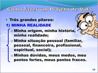 • Três grandes pilares:
1) MINHA REALIDADE
o Minha origem, minha história,
minha realidade;
o Minha situação pessoal (familiar,
pessoal, financeira, profissional,
espiritual, social);
o Minhas dúvidas, meus medos, meu
pontos fortes, meus pontos fracos.
15
 
