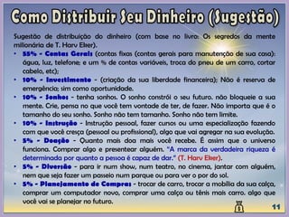Sugestão de distribuição do dinheiro (com base no livro: Os segredos da mente
milionária de T. Harv Eker).
• 55% - Contas Gerais (contas fixas (contas gerais para manutenção de sua casa):
água, luz, telefone; e um % de contas variáveis, troca do pneu de um carro, cortar
cabelo, etc);
• 10% - Investimento - (criação da sua liberdade financeira); Não é reserva de
emergência; sim como oportunidade.
• 10% - Sonhos - tenha sonhos. O sonho constrói o seu futuro. não bloqueie a sua
mente. Crie, pensa no que você tem vontade de ter, de fazer. Não importa que é o
tamanho do seu sonho. Sonho não tem tamanho. Sonho não tem limite.
• 10% - Instrução - Instrução pessoal, fazer cursos ou uma especialização fazendo
com que você cresça (pessoal ou profissional), algo que vai agregar na sua evolução.
• 5% - Doação - Quanto mais doa mais você recebe. É assim que o universo
funciona. Comprar algo e presentear alguém. “A marca da verdadeira riqueza é
determinada por quanto a pessoa é capaz de dar.” (T. Harv Eker).
• 5% - Diversão - para ir num show, num teatro, no cinema, jantar com alguém,
nem que seja fazer um passeio num parque ou para ver o por do sol.
• 5% - Planejamento de Compras - trocar de carro, trocar a mobília da sua calça,
comprar um computador novo, comprar uma calça ou tênis mais carro. algo que
você vai se planejar no futuro.
 