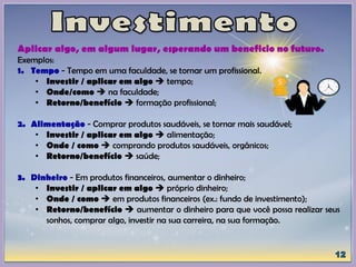 Aplicar algo, em algum lugar, esperando um beneficio no futuro.
Exemplos:
1. Tempo - Tempo em uma faculdade, se tornar um profissional.
• Investir / aplicar em algo  tempo;
• Onde/como  na faculdade;
• Retorno/benefício  formação profissional;
2. Alimentação - Comprar produtos saudáveis, se tornar mais saudável;
• Investir / aplicar em algo  alimentação;
• Onde / como  comprando produtos saudáveis, orgânicos;
• Retorno/benefício  saúde;
3. Dinheiro - Em produtos financeiros, aumentar o dinheiro;
• Investir / aplicar em algo  próprio dinheiro;
• Onde / como  em produtos financeiros (ex.: fundo de investimento);
• Retorno/benefício  aumentar o dinheiro para que você possa realizar seus
sonhos, comprar algo, investir na sua carreira, na sua formação.
 