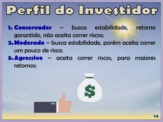 1. Conservador – busca estabilidade, retorno
garantido, não aceita correr riscos;
2.Moderado – busca estabilidade, porém aceita correr
um pouco de risco;
3.Agressivo – aceita correr riscos, para maiores
retornos;
 