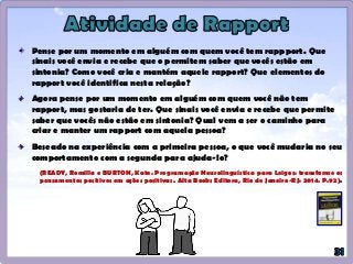 Pense por um momento em alguém com quem você tem rappport. Que
sinais você envia e recebe que o permitem saber que vocês estão em
sintonia? Como você cria e mantém aquele rapport? Que elementos do
rapport você identifica nesta relação?
Agora pense por um momento em alguém com quem você não tem
rapport, mas gostaria de ter. Que sinais você envia e recebe que permite
saber que vocês não estão em sintonia? Qual vem a ser o caminho para
criar e manter um rapport com aquela pessoa?
Beseado na experiência com a primeira pessoa, o que você mudaria no seu
comportamento com a segunda para ajuda-lo?
(READY, Romilla e BURTON, Kate. Programação Neurolinguística para Leigos: transforme os
pensamentos positivos em ações positivas. Alta Books Editora, Rio de Janeiro-RJ: 2014. P.92).
 