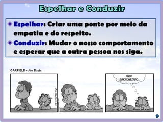 Espelhar: Criar uma ponte por meio da
empatia e do respeito.
Conduzir: Mudar o nosso comportamento
e esperar que a outra pessoa nos siga.
 