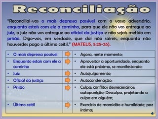 “Reconciliai-vos o mais depressa possível com o vosso adversário,
enquanto estais com ele a caminho, para que ele não vos entregue ao
juiz, o juiz não vos entregue ao oficial da justiça e não sejais metido em
prisão. Digo-vos, em verdade, que daí não saireis, enquanto não
houverdes pago o último ceitil.” (MATEUS, 5:25-26).
• O mais depressa possível • Agora, neste momento;
• Enquanto estais com ele a
caminho
• Aproveitar a oportunidade, enquanto
ele está próximo, se manifestando;
• Juiz • Autojulgamento;
• Oficial da justiça • Autocondenação;
• Prisão • Culpa; conflitos desnecessários;
autopunição; Desculpa, projetando a
culpa em alguém;
• Último ceitil • Exercício de mansidão e humildade; paz
íntima;
 