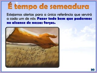 Estejamos alertas para a única referência que servirá
a cada um de nós: Fazer todo bem que pudermos
no alcance de nossas forças.
 