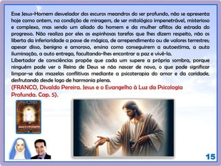 15
Esse Jesus-Homem desvelador dos escuros meandros do ser profundo, não se apresenta
hoje como ontem, na condição de miragem, de ser mitológico impenetrável, misterioso
e complexo, mas sendo um aliado do homem e da mulher aflitos da estrada do
progresso. Não realiza por eles as espinhosas tarefas que lhes dizem respeito, não os
liberta da inferioridade a passe de mágica, de arrependimento ou de valores terrestres;
apesar disso, benigno e amoroso, ensina como conseguirem a autoestima, a auto
iluminação, a auto entrega, facultando-lhes encontrar a paz e vivê-la.
Libertador de consciências propõe que cada um supere a própria sombra, porque
ninguém pode ver o Reino de Deus se não nascer de novo, o que pode significar
limpar-se das mazelas conflitivas mediante a psicoterapia do amor e da caridade,
desfrutando desde logo de harmonia plena.
(FRANCO, Divaldo Pereira. Jesus e o Evangelho à Luz da Psicologia
Profunda. Cap. 5).
 