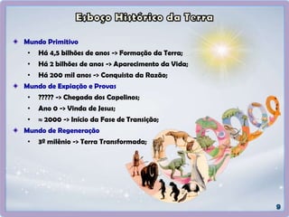 Mundo Primitivo
• Há 4,5 bilhões de anos -> Formação da Terra;
• Há 2 bilhões de anos -> Aparecimento da Vida;
• Há 200 mil anos -> Conquista da Razão;
Mundo de Expiação e Provas
• ????? -> Chegada dos Capelinos;
• Ano 0 -> Vinda de Jesus;
•  2000 -> Início da Fase de Transição;
Mundo de Regeneração
• 3º milênio -> Terra Transformada;
 