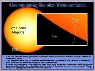 O Sol está a 150.000.000 de quilômetros de distância de nós, ele é imenso. Podemos colocar 1.000.000 de
terras dentro do Sol.
O Sol tem um diâmetro de 1.391.684 km e o comprimento da circunferência de 4,3 milhões de quilômetros,
ainda sim é pequeno demais se comparado com outras estrelas.
A Estrela VY Canis Majoris = 1.000.000.000x maior que o nosso Sol, sendo o comprimento da circunferência
de aproximadamente 3 bilhões de quilômetros. A quantidade de energia que o Sol emite em um ano é igual
ao que esta hipergigante emite em questão de segundos.
 