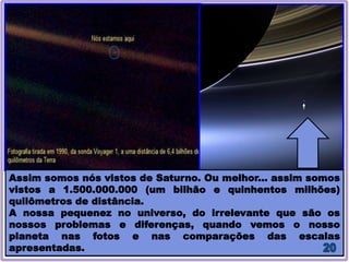 Assim somos nós vistos de Saturno. Ou melhor... assim somos
vistos a 1.500.000.000 (um bilhão e quinhentos milhões)
quilômetros de distância.
A nossa pequenez no universo, do irrelevante que são os
nossos problemas e diferenças, quando vemos o nosso
planeta nas fotos e nas comparações das escalas
apresentadas.
 