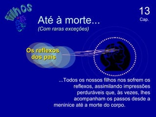 Até à morte... (Com raras exceções) 13  Cap. Os reflexos  dos pais ...Todos os nossos filhos nos sofrem os reflexos, assimilando impressões perduráveis que, às vezes, lhes acompanham os passos desde a meninice até a morte do corpo.  filhos 