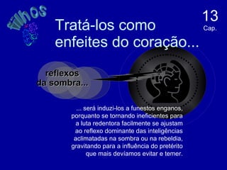 Tratá-los como enfeites do coração... 13  Cap. reflexos  da sombra...   filhos ... será induzi-los a funestos enganos, porquanto se tornando ineficientes para a luta redentora facilmente se ajustam ao reflexo dominante das inteligências aclimatadas na sombra ou na rebeldia, gravitando para a influência do pretérito que mais devíamos evitar e temer. 