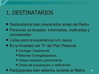 1. DESTINATARIOS Destinatarios bien preparados antes del Retiro Personas ya tocadas: informadas, motivadas y convencidas Listas para la experiencia con Jesús  Es la finalidad del “0” del Plan Pastoral Contagio Testimonial Misiones Evangelizadoras Visiteo misionero permanente Casas de preparación y verificación Participantes bien abiertos durante el Retiro 
