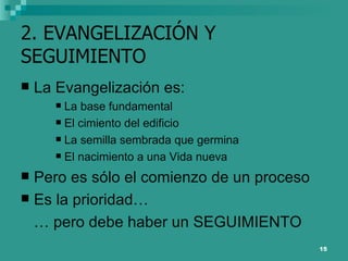 2. EVANGELIZACIÓN Y SEGUIMIENTO La Evangelización es: La base fundamental El cimiento del edificio La semilla sembrada que germina El nacimiento a una Vida nueva Pero es sólo el comienzo de un proceso Es la prioridad… …  pero debe haber un SEGUIMIENTO 