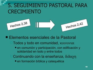 5. SEGUIMIENTO PASTORAL PARA CRECIMIENTO Elementos esenciales de la Pastoral Todos y todo en comunidad,   en comunión y participación, con edificación y solidaridad en todo y entre todos Continuando con la enseñanza,   en formación bíblica y catequética Hechos 2,38 Hechos 2,42 