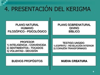 4. PRESENTACIÓN DEL KERIGMA NUEVA CREATURA PLANO NATURAL HUMANO FILOSÓFICO - PSICOLÓGICO BUENOS PROPÓSITOS PLANO SOBRENATURAL DIVINO BÍBLICO PROFESOR 1) INTELIGENCIA - CONVENCIDA 2) SENTIMIENTOS - TOCADOS 3) VOLUNTAD - DECISIÓN TESTIGO UNGIDO 1) ESPÍRITU - REVELACIÓN INTERIOR 2) CORAZÓN TRANSFORMADO 