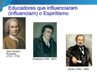 12/35
Educadores que influenciaram
(influenciam) o Espiritismo
Pestalozzi (1746 - 1827)
Jean-Jacques
Rousseau
(1712 - 1778)
Kardec (1804 - 1869)
 