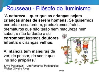 Pestalozzi (1746 – 1827) – Educação Integral

Educador, mestre de Allan Kardec e
necessariamente precursor da doutrina
espírita.

Educação integral: educação da cabeça,
educação das mãos e educação do coração.

A criança
aprende
observando e
fazendo e
não apenas
escutando.
14/35
 