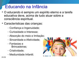Educação na Adolescência

A personalidade do espírito emerge é o
gradual despertar psíquico do espírito
encarnado. Heranças perturbadoras do
passado começam a ganhar
predominância.

Corporalmente está
se tornando adulto e
espiritualmente
está começando
a mostrar o seu
eu profundo. 24/35
 