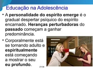 “Se o Espiritismo representar apenas uma
frequência rotineira em um Centro, sem que haja
um engajamento existencial, então obrigar a
criança ir a cursos de evangelização, como se vai
a um catecismo para fazer primeira comunhão
(quando os pais não são católicos praticantes) é
transformar a Doutrina num formalismo
religioso, sem um sentido mais profundo. É
evidente que tal atitude não criará convicções; ao
invés, despertará resistências.”
Livro Educação Segundo o Espiritismo, Dora Incontri
27/35
Educação Espírita não é...
 