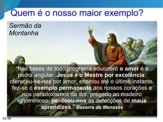 Prece do Educador 2/2
Que eu me impregne de infinita paciência, de
inquebrantável perseverança e de suprema força interior
para me manter sempre sob o meu próprio domínio, sem
deixar flutuar meu espírito ao sabor das circunstâncias!
Mas que minha segurança não seja dogmatismo e
inflexibilidade e que minha serenidade não seja mormaço
espiritual!
Que eu passe por todos, sem nenhuma arrogância e sem
pretensão à verdade absoluta, mas que deixe em cada um,
uma marca inesquecível. por ter transmitido alguma
centelha de verdade e todo o meu amor!
Livro A EDUCAÇÃO SEGUNDO O ESPIRIT ISMO, Dora Incontri
33/35
 