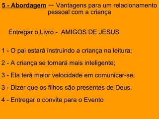 Entregar o Livro - AMIGOS DE JESUS
1 - O pai estará instruindo a criança na leitura;
2 - A criança se tornará mais inteligente;
3 - Ela terá maior velocidade em comunicar-se;
3 - Dizer que os filhos são presentes de Deus.
4 - Entregar o convite para o Evento
5 - Abordagem – Vantagens para um relacionamento
pessoal com a criança
 