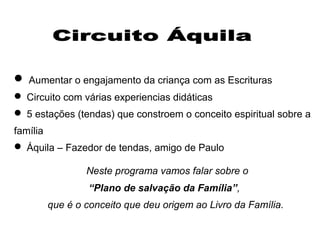  Aumentar o engajamento da criança com as Escrituras
 Circuito com várias experiencias didáticas
 5 estações (tendas) que constroem o conceito espiritual sobre a
família
 Áquila – Fazedor de tendas, amigo de Paulo
Neste programa vamos falar sobre o
“Plano de salvação da Família”,
que é o conceito que deu origem ao Livro da Família.
 