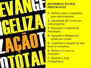 DISTRIBUIÇÃO DOS
PROGRAMAS
1 - Definir a ação evangelística
para cada programa;
2 - Quantidade de Livros para
cada programa;
3 - Preencher o Cadastro de
Solicitação;
4 - Aguardar a liberação do
pedido por e-mail.
5 – Confirmar a chegada da nota
fiscal no armazém;
6 - Retirar os Livros no
Armazém;
7 - Realizar a Ação
Evangelística;
 