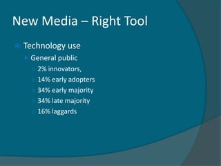 New Media – Right Tool
   Technology use
     General public
      ○ 2% innovators,
      ○ 14% early adopters
      ○ 34% early majority
      ○ 34% late majority
      ○ 16% laggards
 