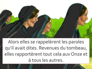 Alors elles se rappelèrent les paroles
qu’il avait dites. Revenues du tombeau,
elles rapportèrent tout cela aux Onze et
à tous les autres.
 