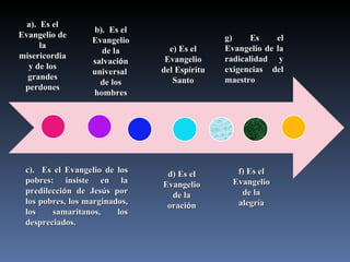 a).  Es el Evangelio de la misericordia y de los grandes perdones b).  Es el Evangelio de la salvaci ó n universal  de los hombres c).  Es el Evangelio de los pobres: insiste en la predilecci ó n de Jes ú s por los pobres, los marginados, los samaritanos, los despreciados. d) Es el Evangelio de la oraci ó n g) Es el Evangelio de la radicalidad y exigencias del maestro e) Es el Evangelio del Esp í ritu Santo f) Es el Evangelio de la alegr í a 