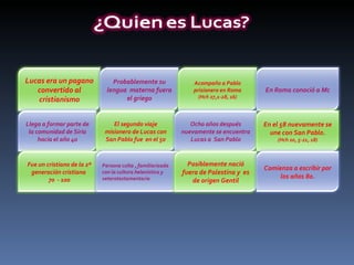 Lucas era un pagano convertido al cristianismo Probablemente su lengua  materna fuera el griego Acompaño a Pablo prisionero en Roma (Hch 27,1-28, 16) En Roma conoció a Mc Llega a formar parte de la comunidad de Siria hacia el año 40 El segundo viaje misionero de Lucas con San Pablo fue  en el 50 Ocho años después nuevamente se encuentra Lucas a  San Pablo En el 58 nuevamente se une con San Pablo. (Hch 20, 5-21, 18) Fue un cristiano de la 2ª generación cristiana  70  - 100 Persona culta , familiarizada con la cultura helenística y veterotestamentaria Posiblemente nació fuera de Palestina y  es de origen Gentil Comienza a escribir por los años 80. 