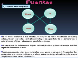 Es con mucha diferencia la más difundida. El evangelio de Marcos fue utilizado por Lucas y Mateo junto con otro texto perdido (denominado por los especialistas Q) que contiene todo el material común a Mateo y a Lucas y que no se halla en Marcos.  Esta es la posición de la inmensa mayoría de los especialistas y puede decirse que existe un amplísimo consenso en su  favor.  Puesto que, además, existe algún material de Lucas que no se deriva ni de Marcos ni de Q, y que tampoco se encuentra en Mateo, y lo mismo sucede con Mateo, el cuadro anterior se suele completar con el que viene a continuación:  Marcos Q Mateo Lucas A) La Teoría de las dos fuentes 