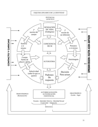 21
Encanto - Identidad Afectiva - Identidad Sexual
Creatividad - Adaptación
AUTORREALIZACIÓN
AUTOCREACIÓN
EXISTENCIAL
POTENCIAL
GENETICO
ESQUEMA DINAMICO DE LA IDENTIDAD
TROFOTROPICO
(Restauraciõn)
ERGOTROPICO
(Lucha – fuga)
BIODANZA
SENSACION
DE VIDA
(Endógena)
1ª
noción de
ser diferente
Pensarse
a si mismo
Autoimagem
Decisión
Para actuarPadrones
De
respuesta
Selectividad
(saber lo que se
quiere)
AUTOESTIMA
CONCIENCIA
DE SI
1ª
noción del
cuerpo
Sentirse
a si
mismo
Cuerpo
fuente de
placer o dolor
 