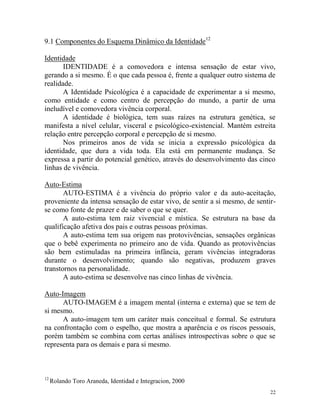 22
9.1 Componentes do Esquema Dinâmico da Identidade12
Identidade
IDENTIDADE é a comovedora e intensa sensação de estar vivo,
gerando a si mesmo. É o que cada pessoa é, frente a qualquer outro sistema de
realidade.
A Identidade Psicológica é a capacidade de experimentar a si mesmo,
como entidade e como centro de percepção do mundo, a partir de uma
ineludível e comovedora vivência corporal.
A identidade é biológica, tem suas raízes na estrutura genética, se
manifesta a nível celular, visceral e psicológico-existencial. Mantém estreita
relação entre percepção corporal e percepção de si mesmo.
Nos primeiros anos de vida se inicia a expressão psicológica da
identidade, que dura a vida toda. Ela está em permanente mudança. Se
expressa a partir do potencial genético, através do desenvolvimento das cinco
linhas de vivência.
Auto-Estima
AUTO-ESTIMA é a vivência do próprio valor e da auto-aceitação,
proveniente da intensa sensação de estar vivo, de sentir a si mesmo, de sentir-
se como fonte de prazer e de saber o que se quer.
A auto-estima tem raiz vivencial e mística. Se estrutura na base da
qualificação afetiva dos pais e outras pessoas próximas.
A auto-estima tem sua origem nas protovivências, sensações orgânicas
que o bebê experimenta no primeiro ano de vida. Quando as protovivências
são bem estimuladas na primeira infância, geram vivências integradoras
durante o desenvolvimento; quando são negativas, produzem graves
transtornos na personalidade.
A auto-estima se desenvolve nas cinco linhas de vivência.
Auto-Imagem
AUTO-IMAGEM é a imagem mental (interna e externa) que se tem de
si mesmo.
A auto-imagem tem um caráter mais conceitual e formal. Se estrutura
na confrontação com o espelho, que mostra a aparência e os riscos pessoais,
porém também se combina com certas análises introspectivas sobre o que se
representa para os demais e para si mesmo.
12
Rolando Toro Araneda, Identidad e Integracion, 2000
 