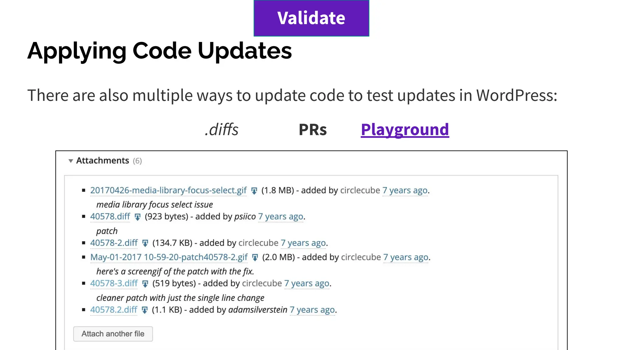 Applying Code Updates
There are also multiple ways to update code to test updates in WordPress:
.diﬀs PRs Playground
Validate
 