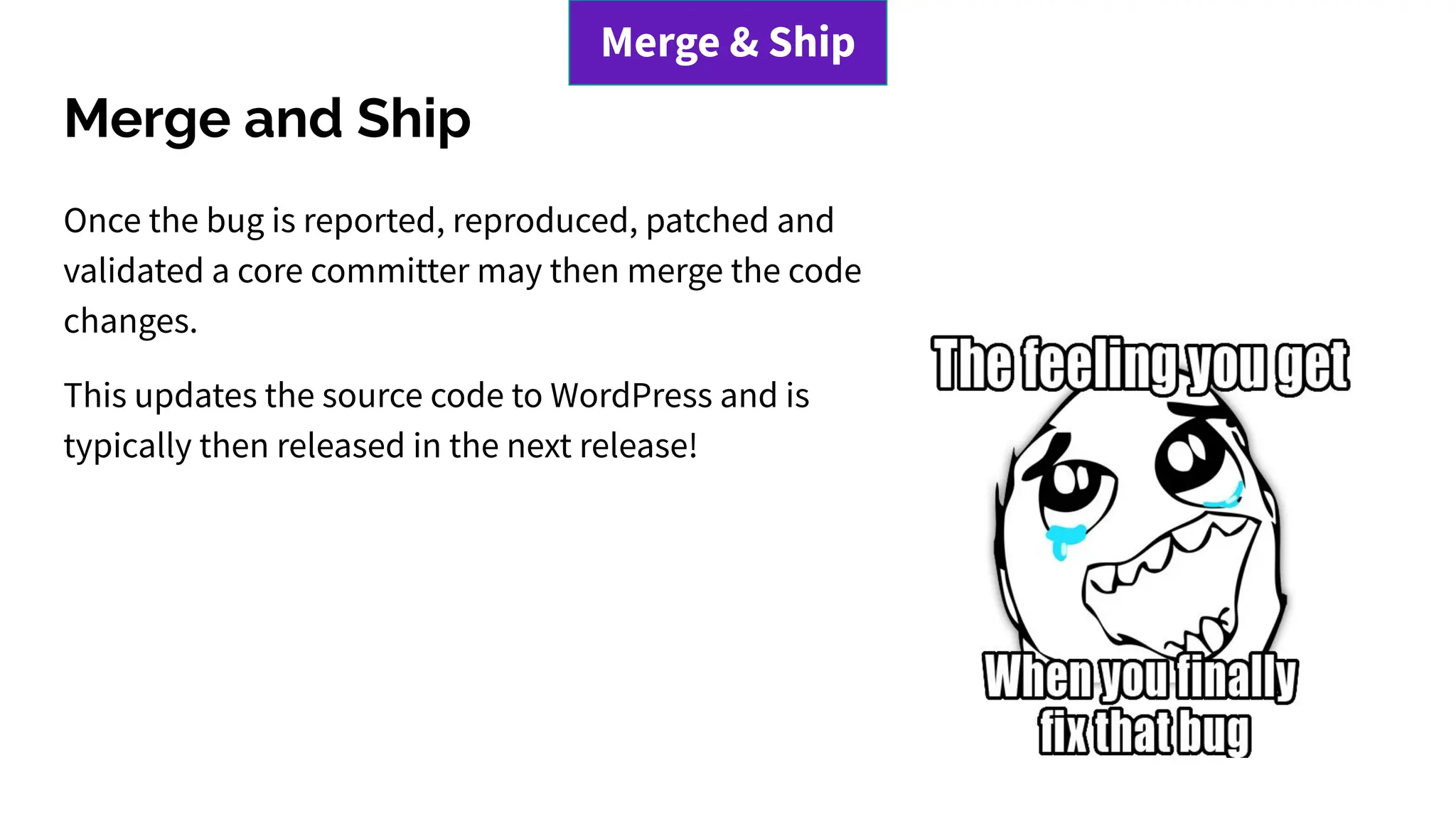 Once the bug is reported, reproduced, patched and
validated a core committer may then merge the code
changes.
This updates the source code to WordPress and is
typically then released in the next release!
Merge and Ship
Merge & Ship
 