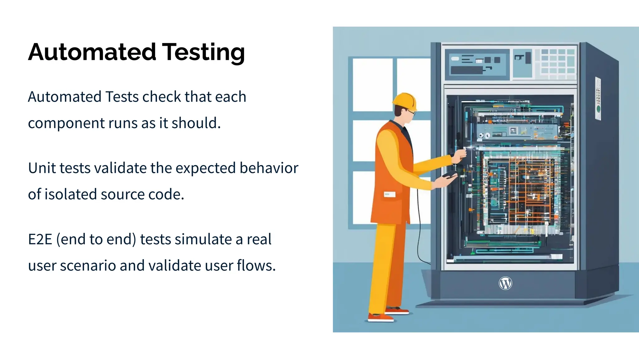 Automated Testing
Automated Tests check that each
component runs as it should.
Unit tests validate the expected behavior
of isolated source code.
E2E (end to end) tests simulate a real
user scenario and validate user flows.
 