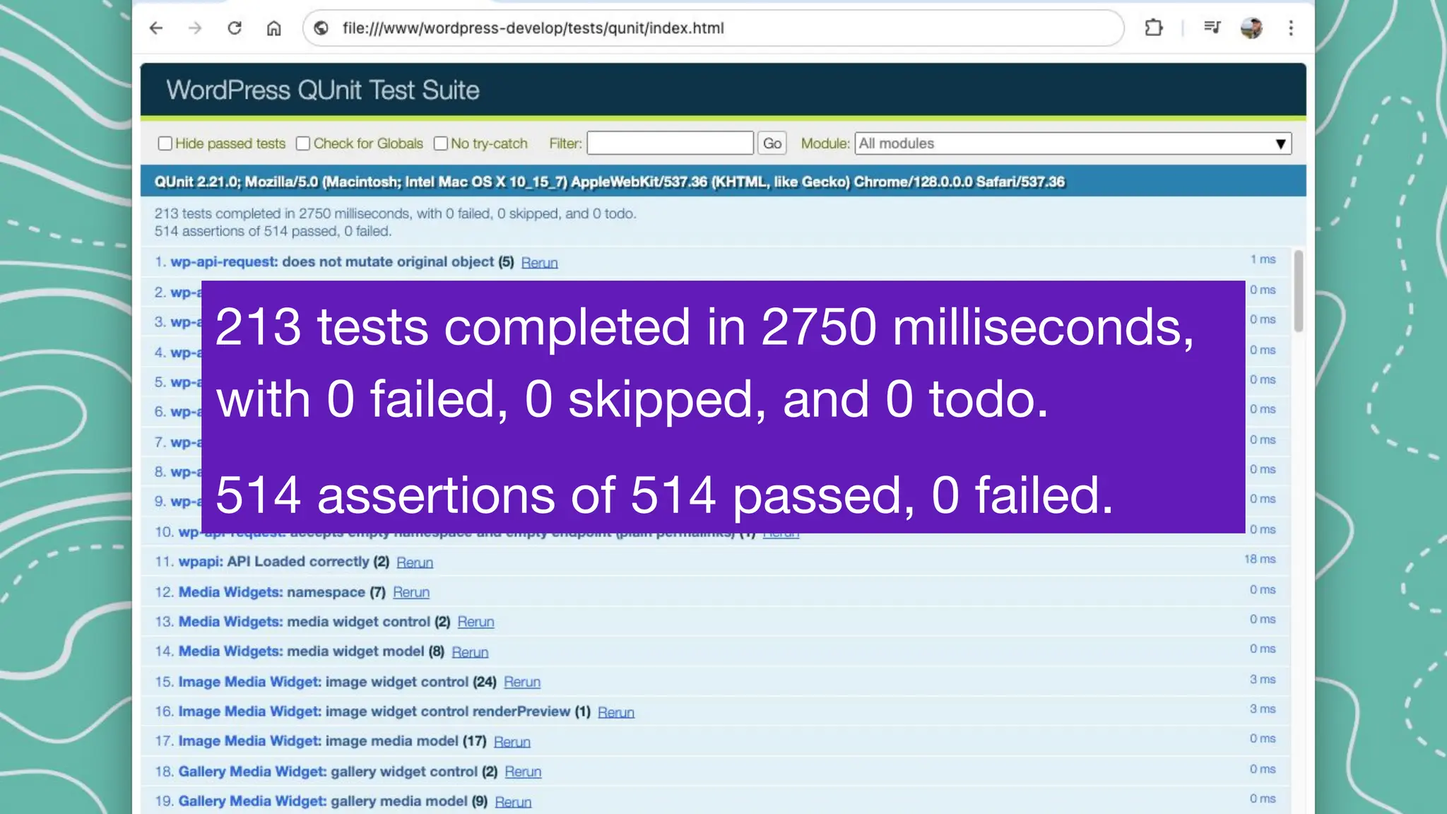 213 tests completed in 2750 milliseconds,
with 0 failed, 0 skipped, and 0 todo.
514 assertions of 514 passed, 0 failed.
 