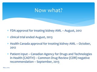  FDA approval for treating kidney AML – August, 2012
 clinical trial ended August, 2013
 Health Canada approval for treating kidney AML – October,
2012
 Patient input – Canadian Agency for Drugs and Technologies
in Health (CADTH) – Common Drug Review (CDR) negative
recommendation – September, 2013
May 7, 2015
Now what?
 