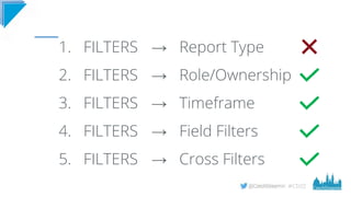 #CD22
1. FILTERS
2. FILTERS
3. FILTERS
4. FILTERS
5. FILTERS
→ Report Type
→ Role/Ownership
→ Timeframe
→ Field Filters
→ Cross Filters
 