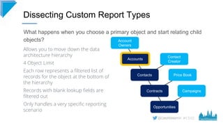 #CD22
What happens when you choose a primary object and start relating child
objects?
Dissecting Custom Report Types
Allow...