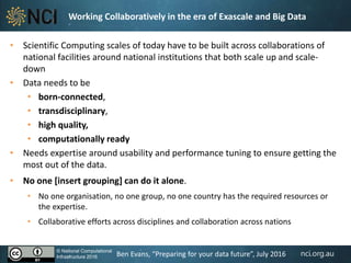 nci.org.au
Key Messages for raising a Data Centre in a Big Data World• Scientific Computing scales of today have to be built across collaborations of
national facilities around national institutions that both scale up and scale-
down
• Data needs to be
• born-connected,
• transdisciplinary,
• high quality,
• computationally ready
• Needs expertise around usability and performance tuning to ensure getting the
most out of the data.
• No one [insert grouping] can do it alone.
• No one organisation, no one group, no one country has the required resources or
the expertise.
• Collaborative efforts across disciplines and collaboration across nations
Working Collaboratively in the era of Exascale and Big Data
© National Computational
Infrastructure 2016 Ben Evans, “Preparing for your data future”, July 2016
 
