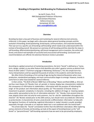 Copyright © 2017 by Joel R. Evans
1
Branding in Perspective: Self-Branding for Professional Success 
by Joel R. Evans, Ph....