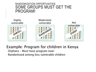 Example: Program for children in Kenya
 Orphans – Must have program now!
 Randomized among less vulnerable children
RANDOMIZATION OPPORTUNITIES
SOME GROUPS MUST GET THE
PROGRAM!
Highly
vulnerable
Moderately
vulnerable Not
vulnerable
 