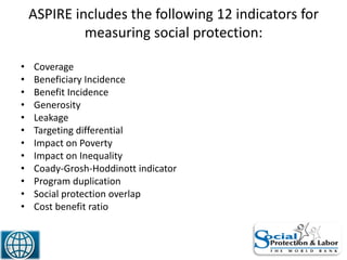 ASPIRE includes the following 12 indicators for
measuring social protection:
• Coverage
• Beneficiary Incidence
• Benefit Incidence
• Generosity
• Leakage
• Targeting differential
• Impact on Poverty
• Impact on Inequality
• Coady-Grosh-Hoddinott indicator
• Program duplication
• Social protection overlap
• Cost benefit ratio
24
 