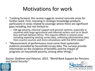 Motivations for work
• “Looking forward, this review suggests several concrete areas for
further work. First, investing in strategic knowledge products
particularly in areas related to coverage where there are significant
gaps including, but not limited to:
– Old age poverty, informal support and pension systems, especially in
countries with large agricultural and informal sectors such as in South
Asia and Sub-Saharan Africa. This requires efforts in several areas
including exploiting existing survey data, collecting administrative data
from country sources and micro-simulations with the APEX model.”
• “Measurement of performance must come from systematic
evidence provided by household survey data. The surveys provide
information on the incidence of benefits and the impact of
programs on household poverty, among other things.”
Source: Dorfman and Palacios. 2012. “World Bank Support for Pensions
and Social Security”
26
 