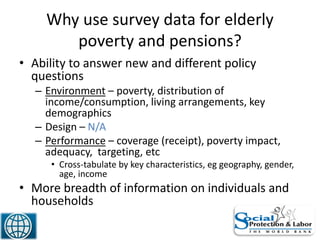 Why use survey data for elderly
poverty and pensions?
• Ability to answer new and different policy
questions
– Environment – poverty, distribution of
income/consumption, living arrangements, key
demographics
– Design – N/A
– Performance – coverage (receipt), poverty impact,
adequacy, targeting, etc
• Cross-tabulate by key characteristics, eg geography, gender,
age, income
• More breadth of information on individuals and
households
27
 